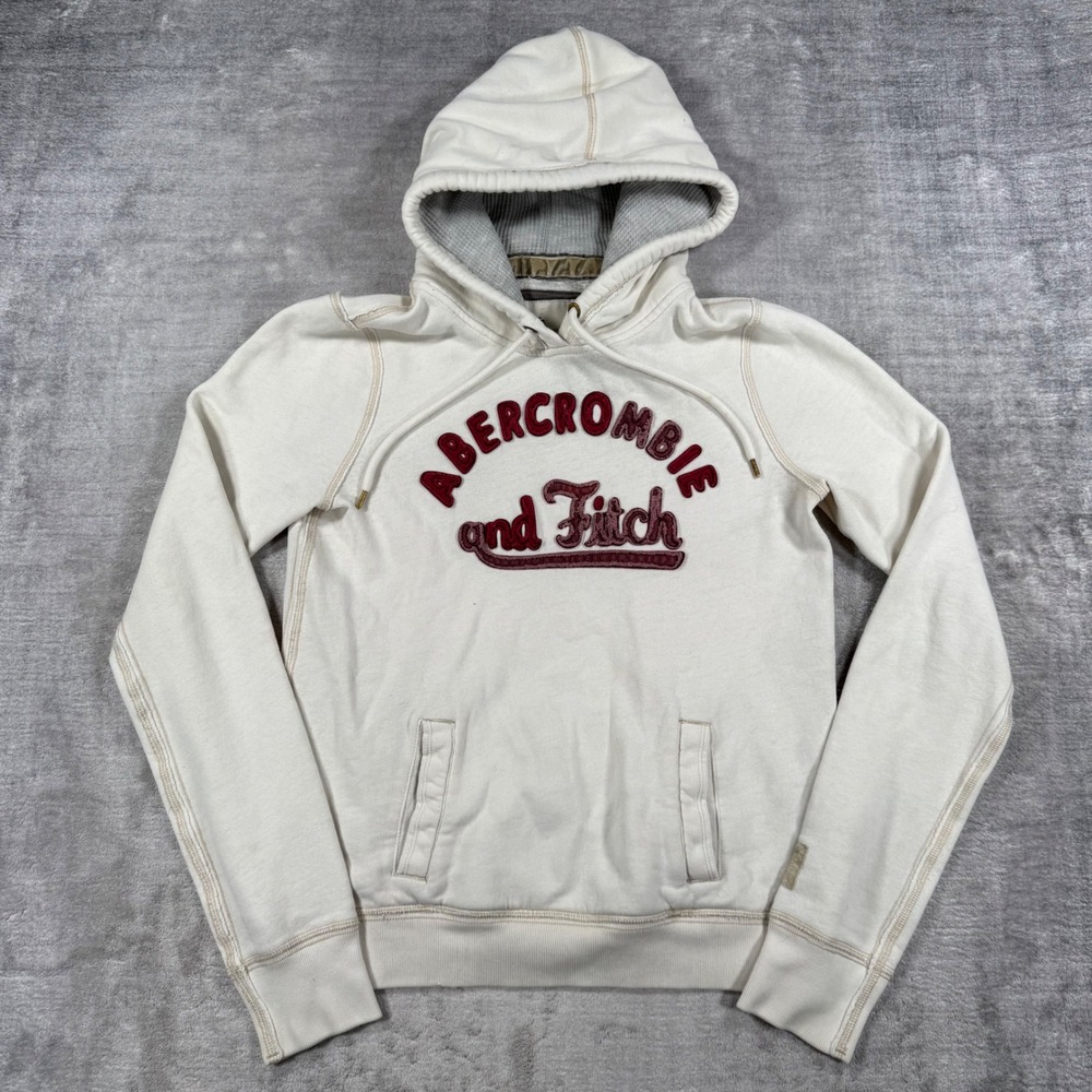 Abercrombie & Fitch Sweatshirt Mens Large Cream Applique Hoodie Y2K Heritage